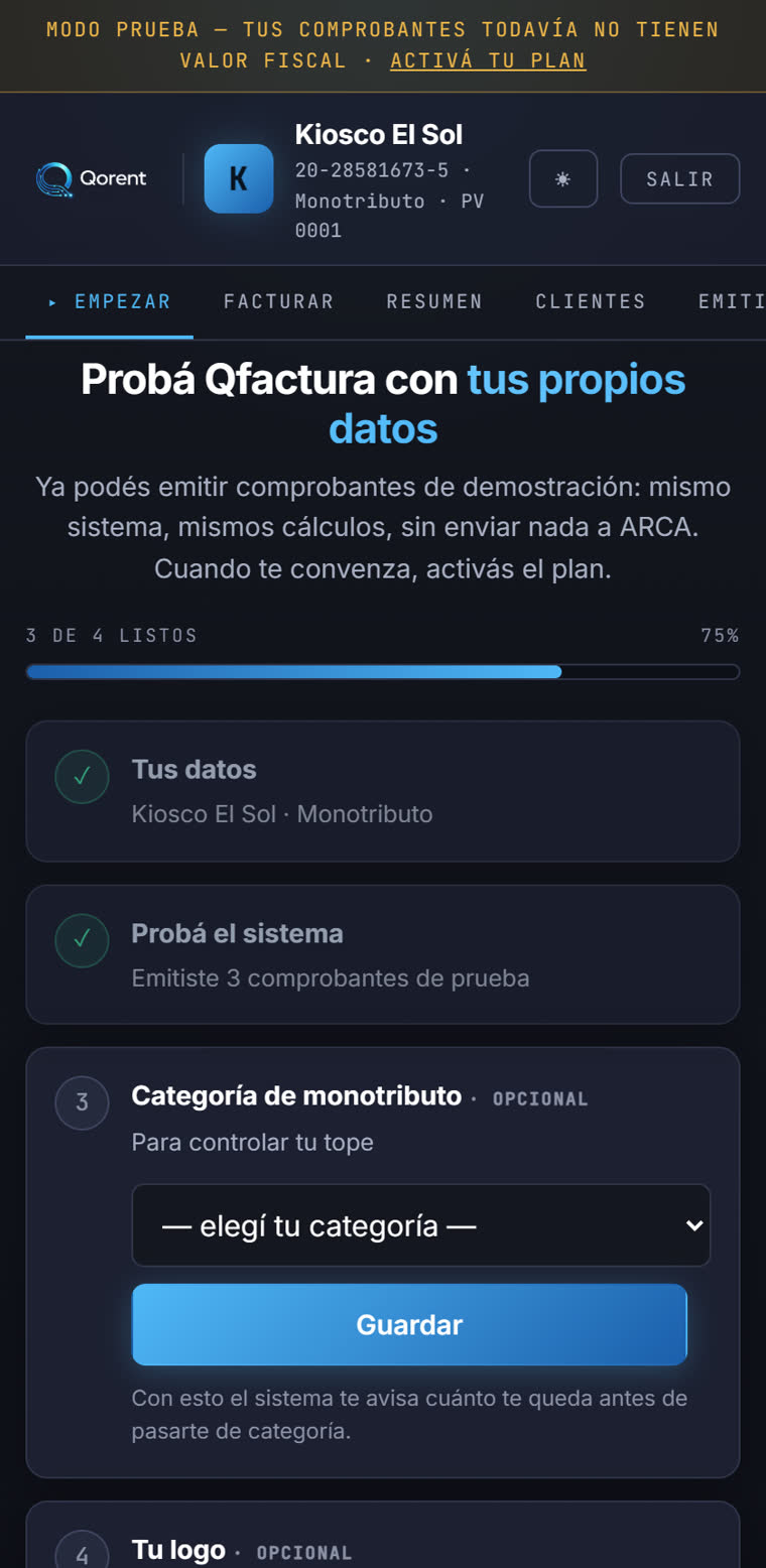 La pantalla Empezar de QFactura en el celular, recién creada la cuenta, con la lista de pasos
