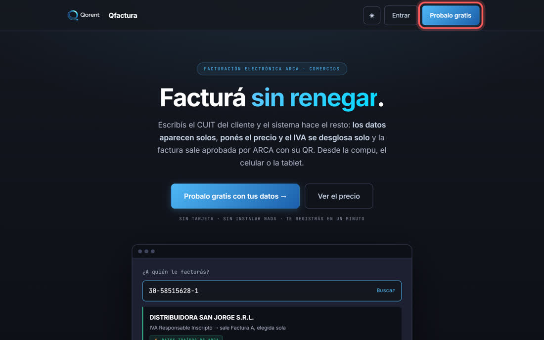 La portada de qfactura.com.ar en la computadora, con el botón Probalo gratis marcado con un círculo rojo