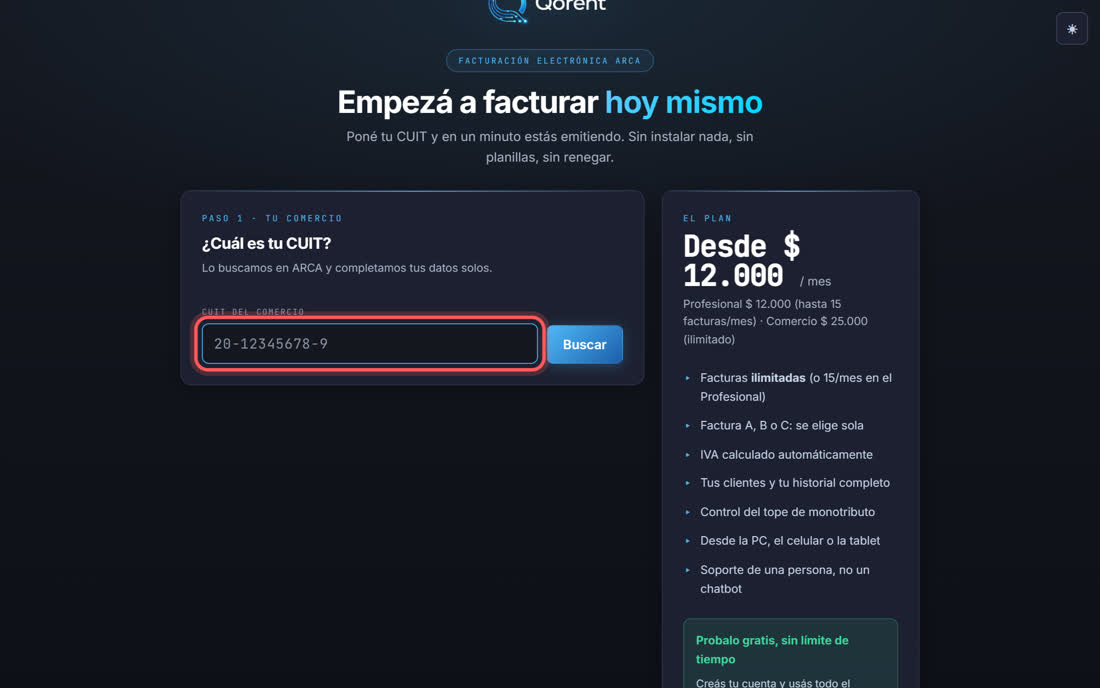 La pantalla de registro de QFactura en la computadora, con el campo del CUIT marcado con un círculo rojo