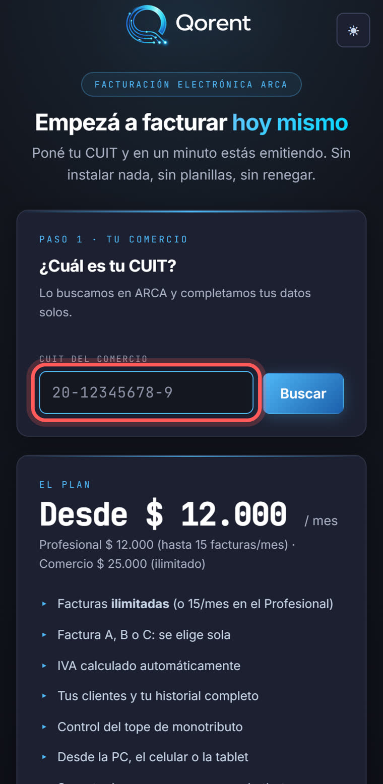 La pantalla de registro de QFactura en el celular, con el campo del CUIT marcado con un círculo rojo