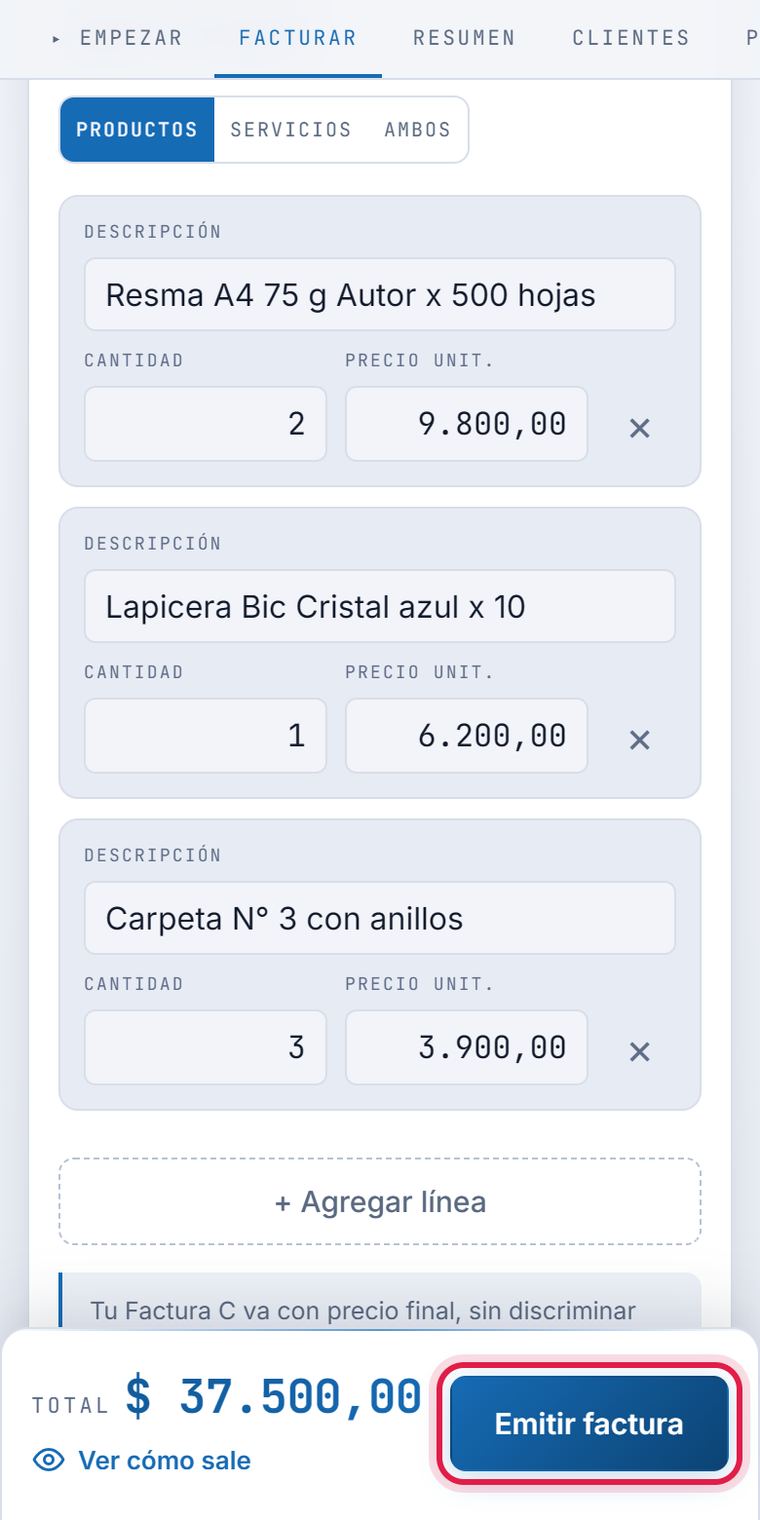 En el celular, los tres productos cargados con sus cantidades, el total de 37.500 pesos abajo y el botón Emitir factura marcado con un círculo rojo