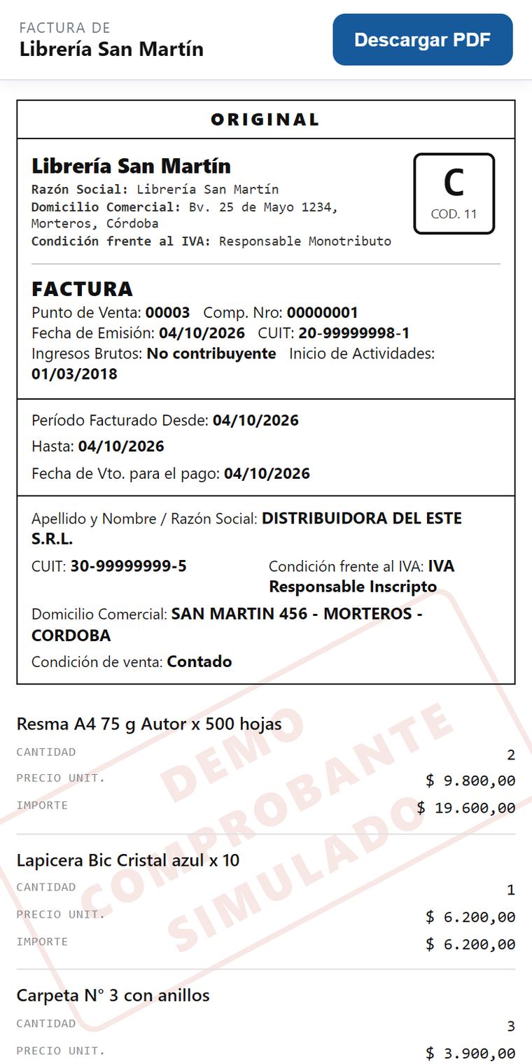 La factura C de Librería San Martín abierta desde el link en el celular del cliente, con el botón Descargar PDF arriba