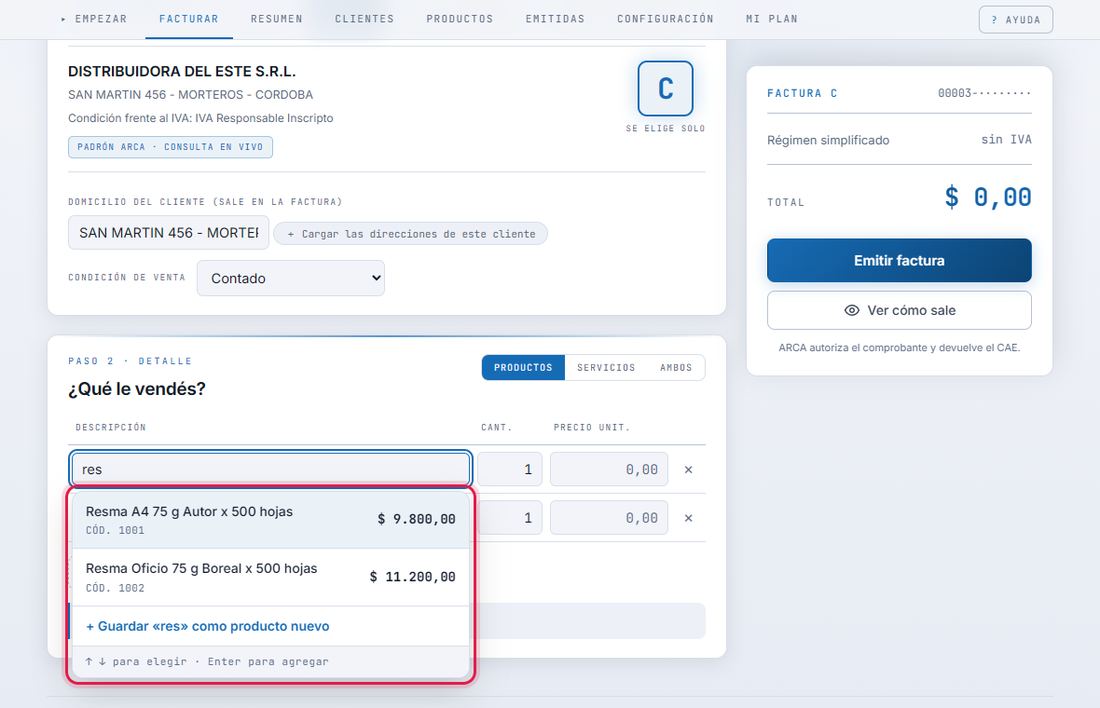 En la computadora, al escribir res aparecen dos resmas de la lista de productos, cada una con su código y su precio