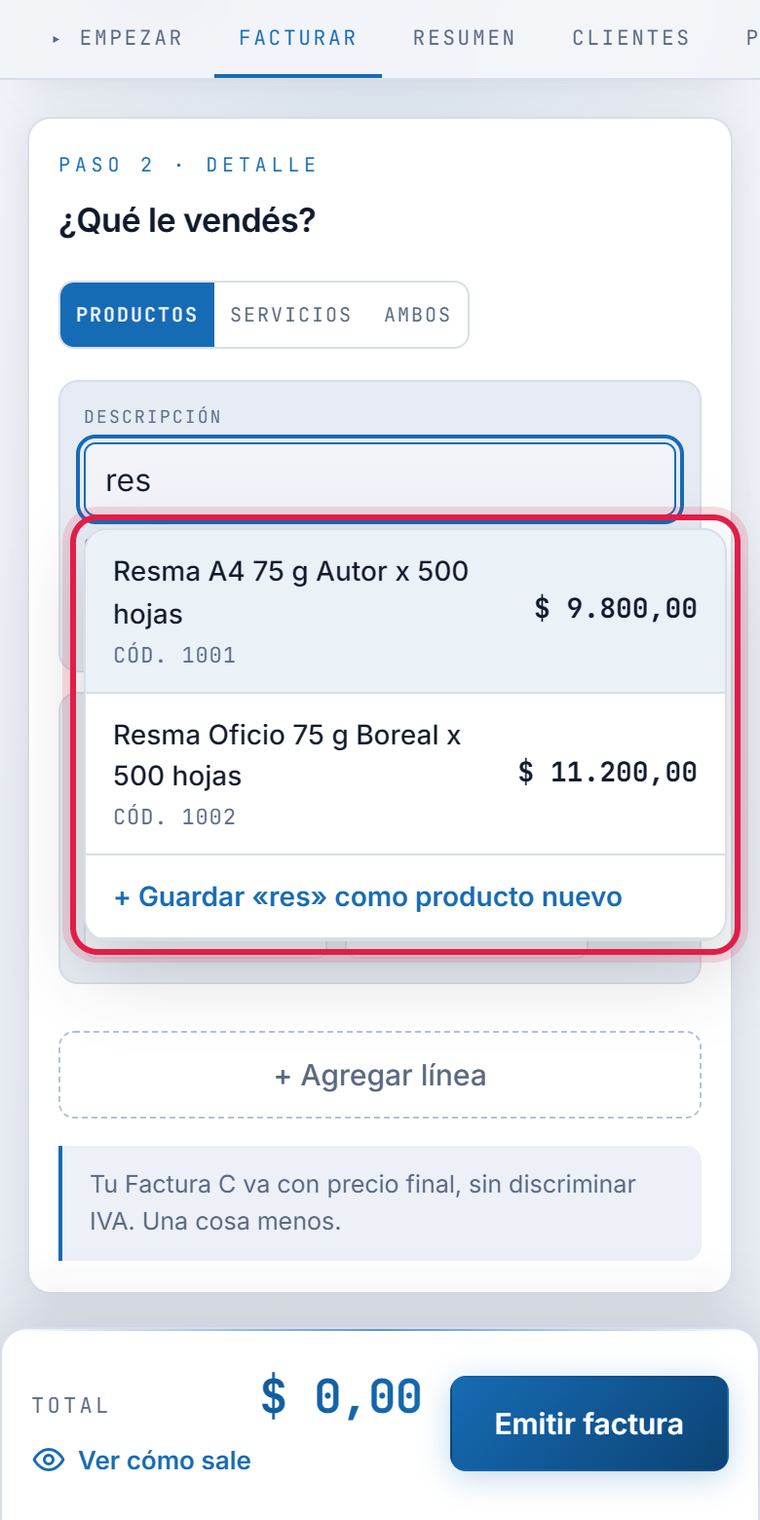 En el celular, al escribir res aparecen dos resmas de la lista de productos, cada una con su código y su precio