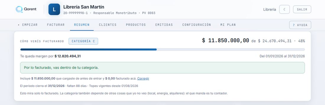 La pestaña Resumen en la computadora: una barra muestra lo facturado contra el tope de la categoría C, con el 48 por ciento usado y el margen que queda