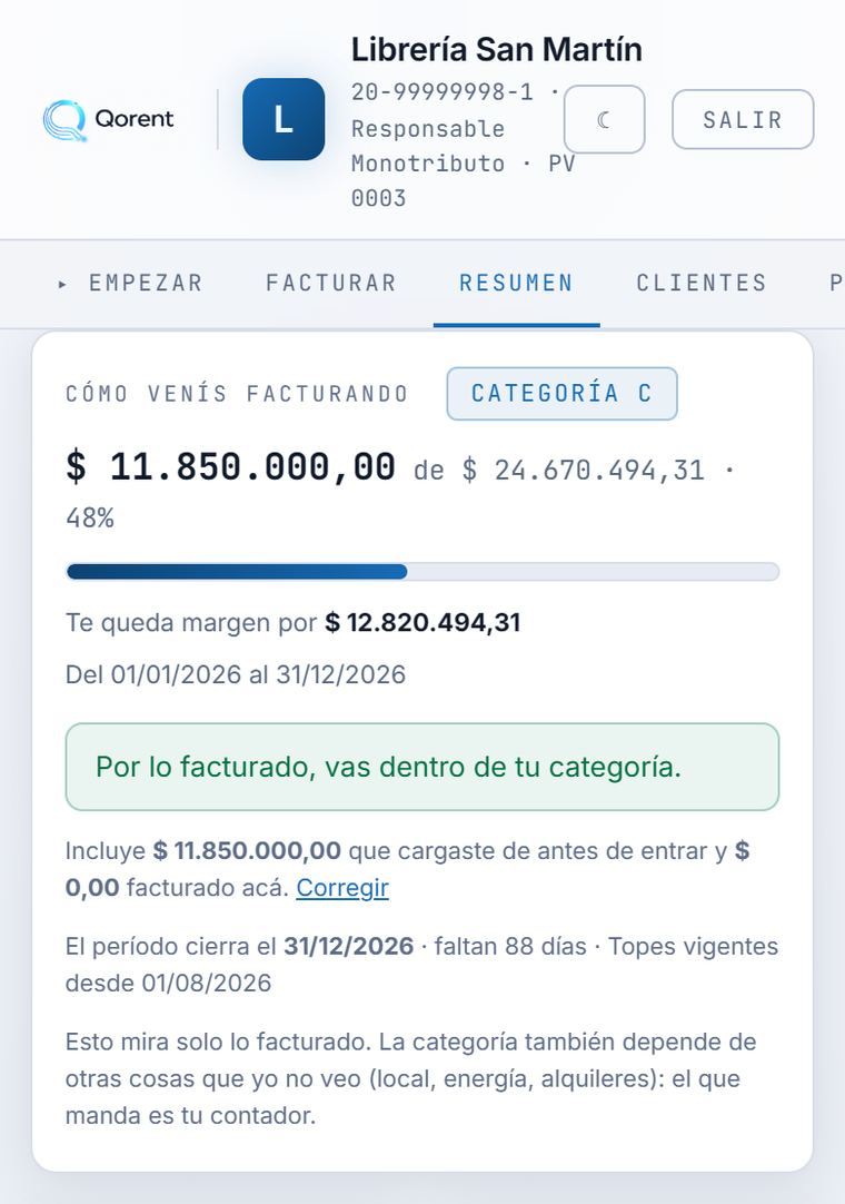 La pestaña Resumen en el celular: una barra muestra lo facturado contra el tope de la categoría C, con el 48 por ciento usado y el margen que queda